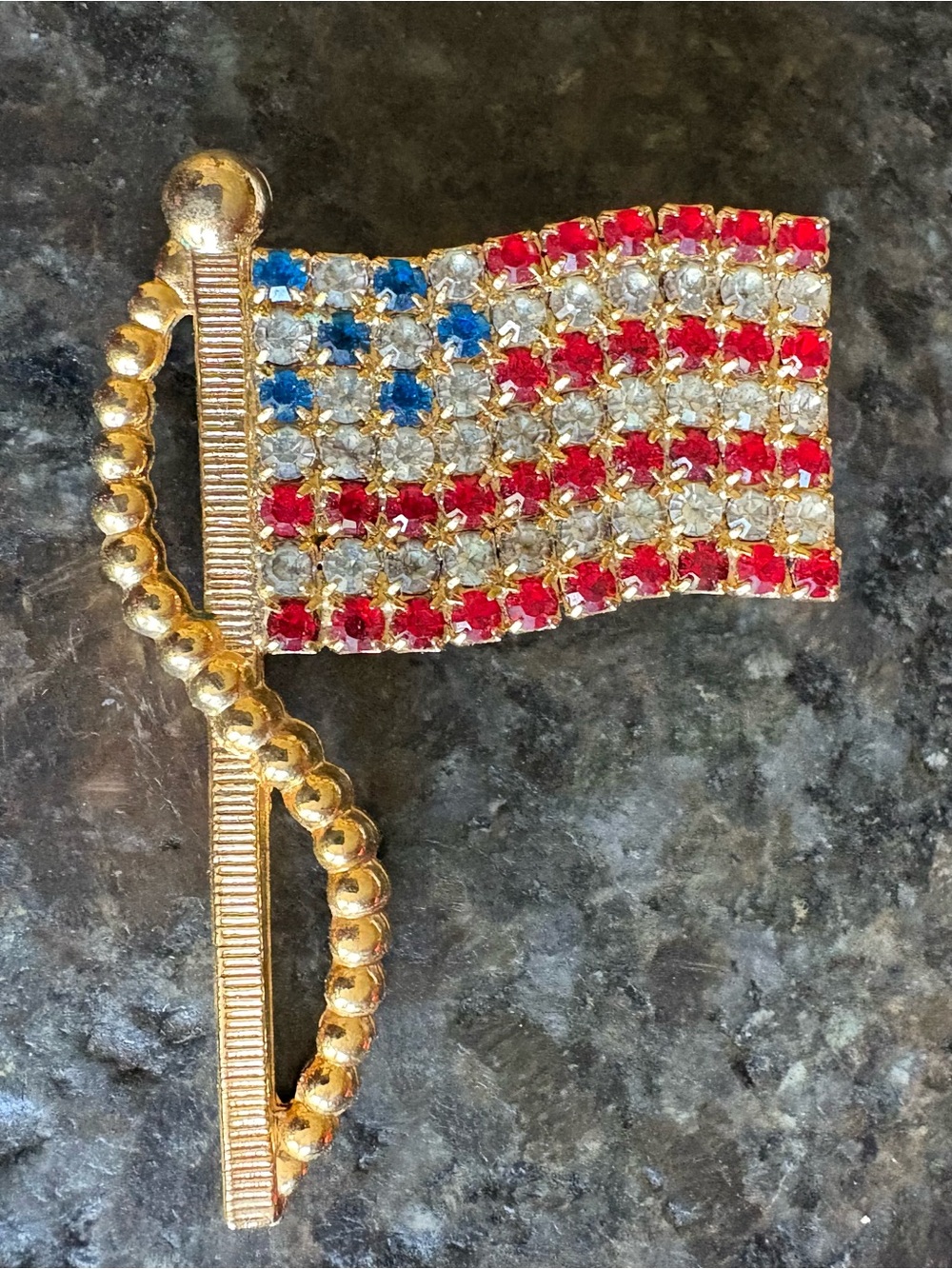 Vintage American Flag Print At Rhinestone Pin